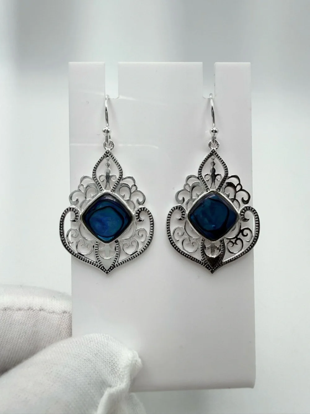 Blue Abalone Shell Filigree Design .925 Sterling Silver Earrings - Picture 2 of 11